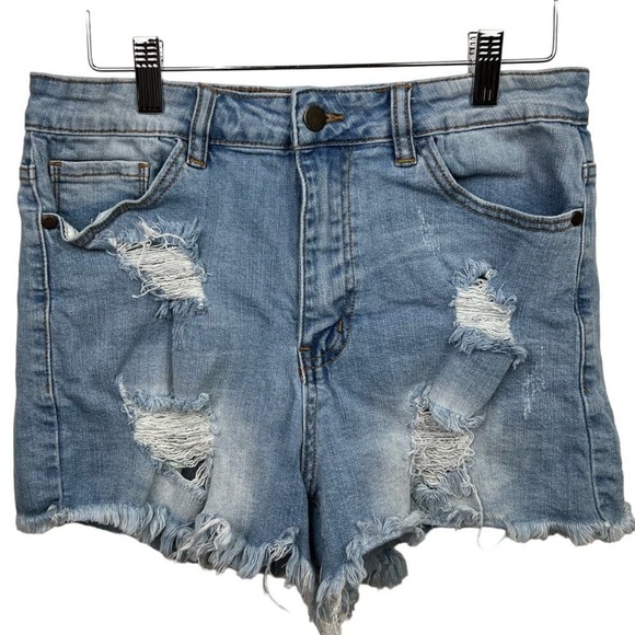 KanCan Pants - Kancan Estilo Women's LARGE Blue Denim Distressed Cut Off Jean Shorts Fray Hem